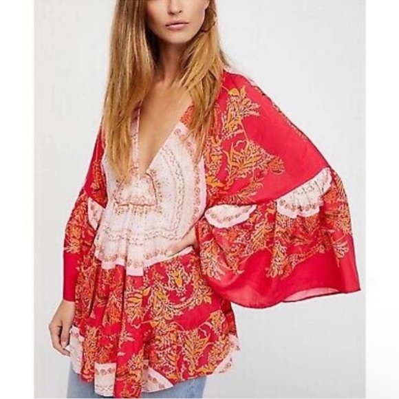 Free People Sunset Dreams V Neck Ruffle Bell Sleeve Tunic Blouse Top oversized - Picture 2 of 15
